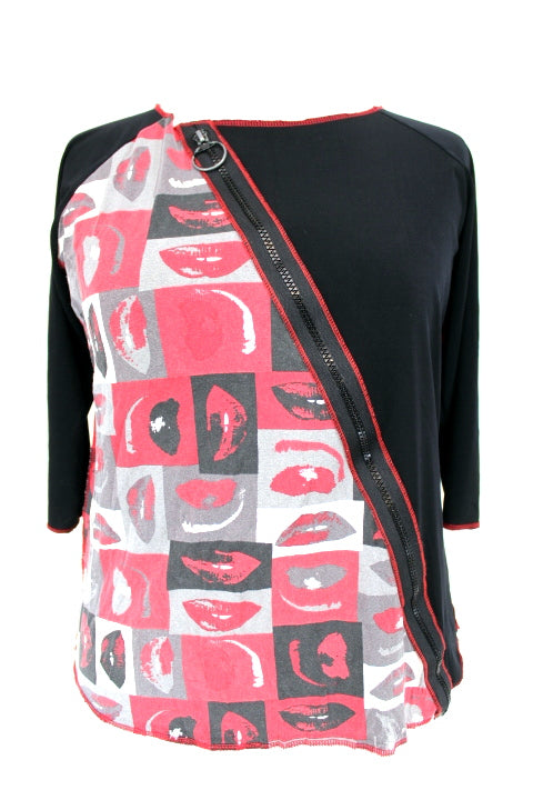Top original - Motifs lèvres - Fermeture éclaire diagonale - FASHION PLUS - Taille XL - Friperie - Seconde main
