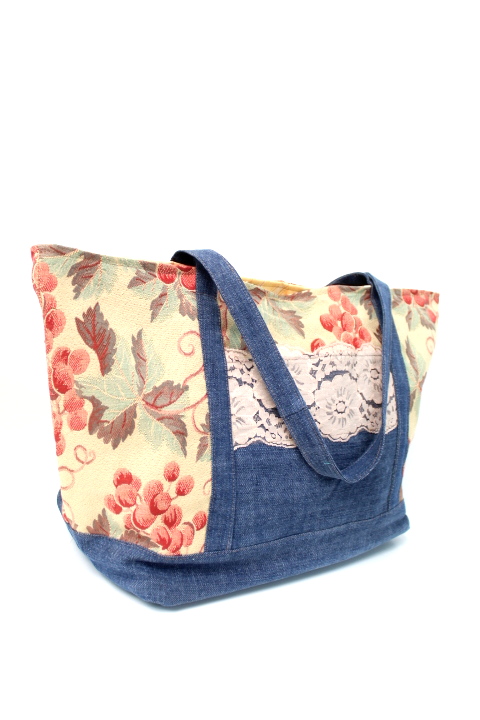 Sac cabas style bohème avec grandes poches intérieure et extérieure - Fait main avec tissus recyclés - Friperie en ligne