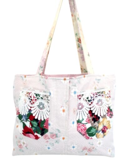 Sac cabas customisé par tissus fleuris - Fait main avec tissus recyclés - Friperie en ligne